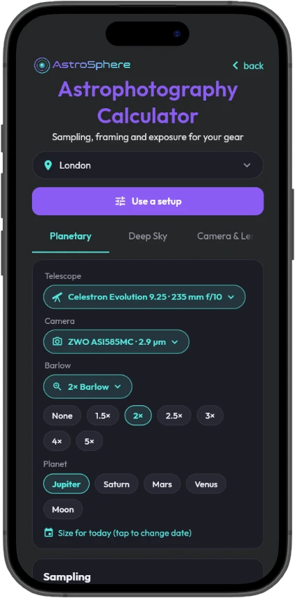 Astrophotography Calculator Planetary tab with telescope, camera, Barlow and planet chosen