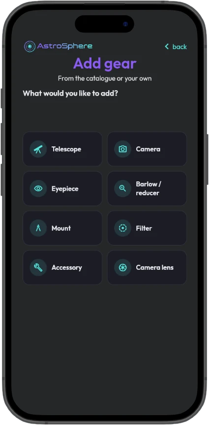 Add gear screen: telescope, camera, eyepiece, Barlow or reducer, mount, filter, accessory or camera lens