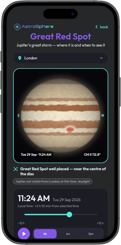 Jupiter with the Great Red Spot rotating into view and a countdown to transit