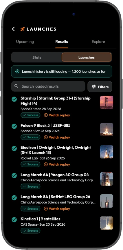 Recent launch results with success badges and replay links