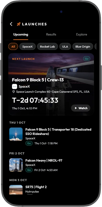 Launches Upcoming tab with the next launch countdown card: Falcon 9 Crew-13, T-2 days
