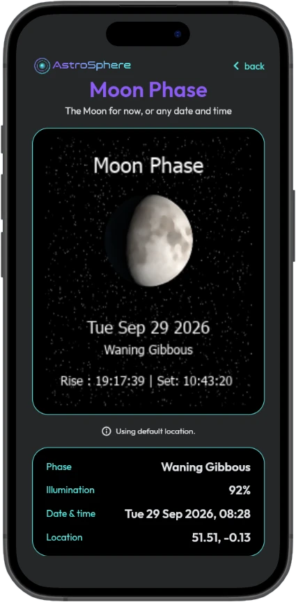 Moon Phase showing a waning gibbous Moon, 99% lit, with rise and set times
