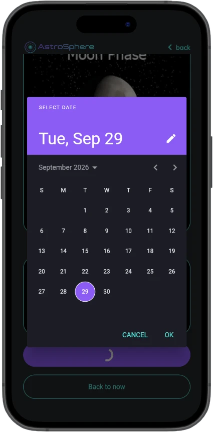 Choosing a date for the Moon Phase tool