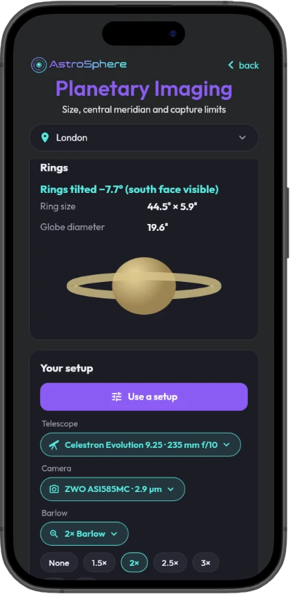 Saturn ring tilt and size, with your telescope, camera and Barlow setup
