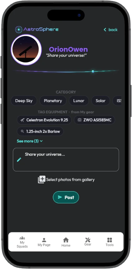 Create post screen with category chips, gear tags from My Gear, and a caption box