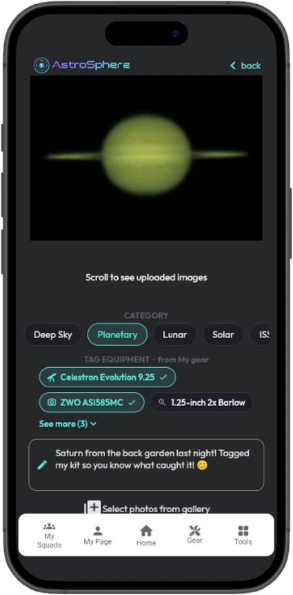 Create post with an eclipse photo uploaded, Lunar selected and a telescope tagged