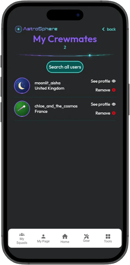 My Crewmates screen listing crewmates with their countries