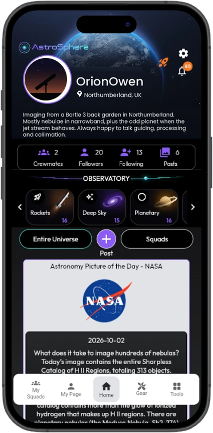 AstroSphere home screen with profile, bio, category tiles and NASA Picture of the Day