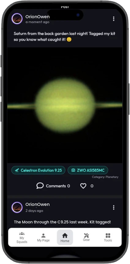 The new Saturn post in the feed with the telescope and camera tagged