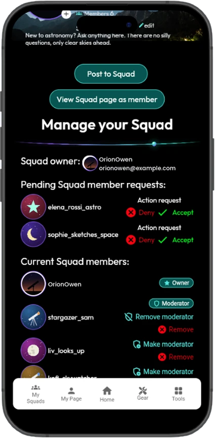 Manage your Squad view with pending requests to accept or deny, and current members with moderator controls