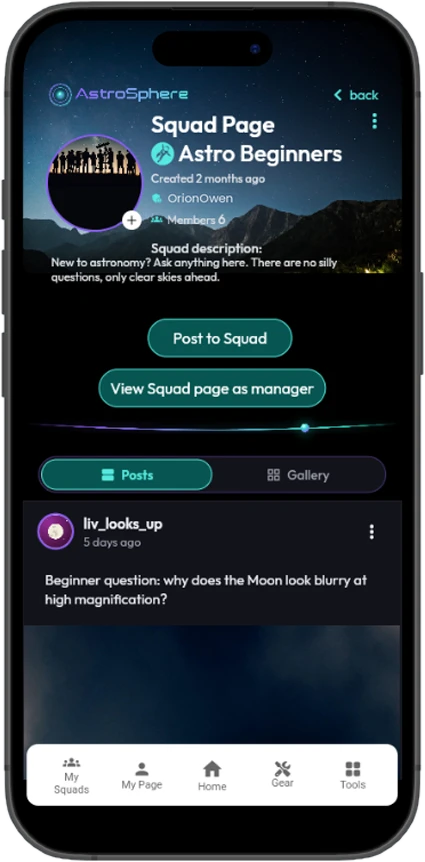 Astro Beginners squad page with its description, Post to Squad button and the squad feed