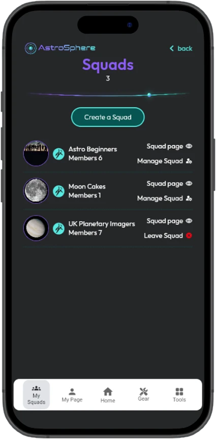 Squads list with Astro Beginners, Moon Cakes and UK Planetary Imagers